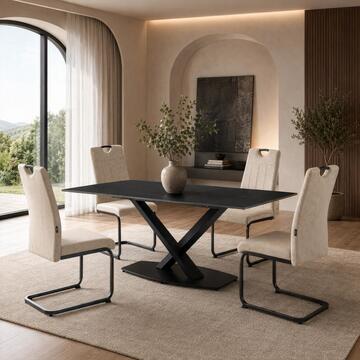Sedia Moderna Imbottita Evania Beige 43x61 h 98 cm, con Gambe Slitta in Ferro Verniciato Nero