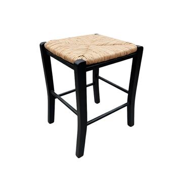 Sgabello Basso Nero in Legno con Seduta in Paglia - 35x35 h47 cm - con Gambe a Sciabola