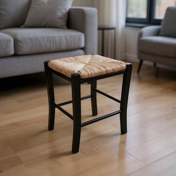 Sgabello Basso Nero in Legno con Seduta in Paglia - 35x35 h47 cm - con Gambe a Sciabola