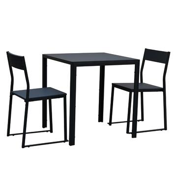Set Moderno Tavolo Quadrato Nero 70x70 h 75 cm + 2 Sedie Coordinate con Struttura in Metallo