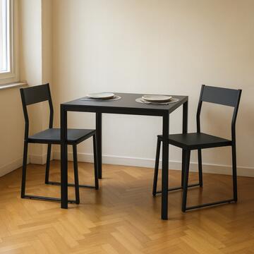 Set Moderno Tavolo Quadrato Nero 70x70 h 75 cm + 2 Sedie Coordinate con Struttura in Metallo