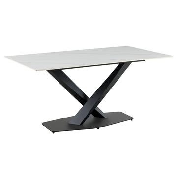 Tavolo da Pranzo Moderno Mecko Bianco - 160x90 h75 cm - con Piano in Pietra Ceramica e Gambe in Metallo Nero