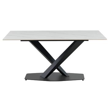 Tavolo da Pranzo Moderno Mecko Bianco - 160x90 h75 cm - con Piano in Pietra Ceramica e Gambe in Metallo Nero
