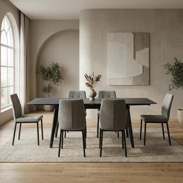 Tavolo Moderno Allungabile Dioniso Grigio in Ceramica Effetto Marmo con Struttura in Ferro 120/180x80 h75 cm