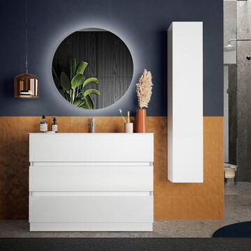 Mobile Bagno Moderno Base a Terra Start Bianco Lucido 100x45 h85 cm con Lavabo in Ceramica e Cassetti