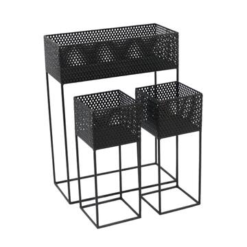 Set 3 Porta Vasi Rufus con Piedistallo in Metallo a Grigia Nero - 53x70x23cm + Coppia 20x50x20cm