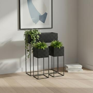 Set 3 Porta Vasi Rufus con Piedistallo in Metallo a Grigia Nero - 53x70x23cm + Coppia 20x50x20cm