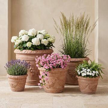 Set 5 Vasi Decorativi in Terracotta per Arredo Giardino, Fiori e Piante da Interno ed Esterno