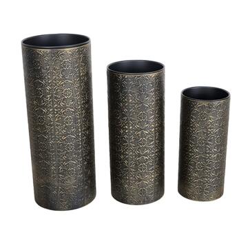 Set 3 Portavasi Cilindrici Zeb con Motivo Floreale Nero/Oro - Grande 24x24x61 cm, Medio 21x21x51, Piccolo 18x18x41 cm