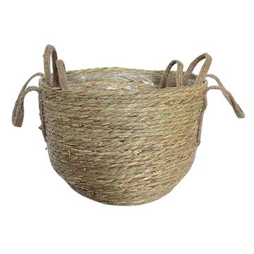 Set 3 Cesti Greb in Paglia intrecciata e Plastica - Impilabili - Ø35xh28xd24 cm + Ø30xh24xd24 + Ø25xh20xd15 cm