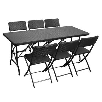 Tavolo da Catering Pieghevole Blow 180x75 h72 cm - con Struttura in Metallo e Design Rattan - Nero
