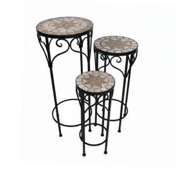 Set 3 Portavasi Rotondi Mosaico in Ferro e Piano in Ceramica - Stile Mediterraneo