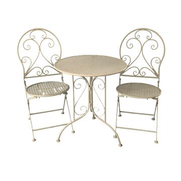 Set Bistrot Shelly in Ferro Verniciato Crema - Tavolino Rotondo + 2 Sedie - per Veranda, Terrazza, Balcone, Giardino