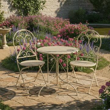 Set Bistrot Shelly in Ferro Verniciato Crema - Tavolino Rotondo + 2 Sedie - per Veranda, Terrazza, Balcone, Giardino