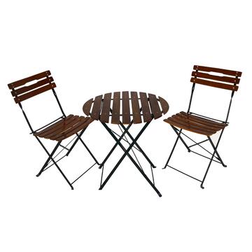 Set Bistrot Caramel con Struttura in Acciaio e Doghe in Legno - Tavolino Rotondo + 2 Sedie - per Veranda, Terrazza, Balcone, Giardino