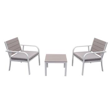 Salottino Stanley da Esterno con Struttura in Metallo e Design a Doghe Effetto Legno - Bianco/Beige - 2 Poltroncine + Tavolino