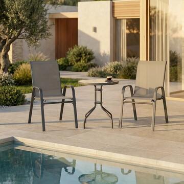 Set da Esterno 2 Poltrone + Tavolino Rotondo Girona Tortora con Struttura in Ferro Verniciato