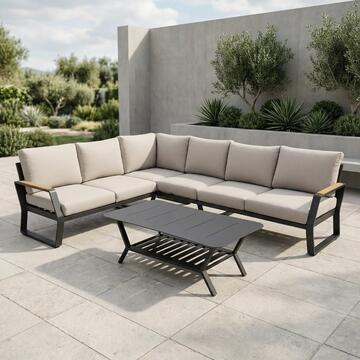 Divano Angolare SX Boyko in Alluminio Grigio - Divano 6 Posti + Tavolino - per Interno ed Esterno - con Cuscini Sfoderabili Beige