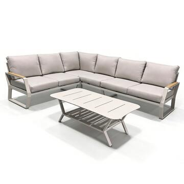 Divano Angolare SX Boyko in Alluminio Beige - Divano 6 Posti + Tavolino - per Interno ed Esterno - con Cuscini Sfoderabili Beige Marino Fa Mercato