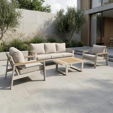 Salotto Dregan in Alluminio Beige - Divano 3 Posti + 2 Poltrone + Tavolino - per Interno ed Esterno - con Cuscini Sfoderabili Beige