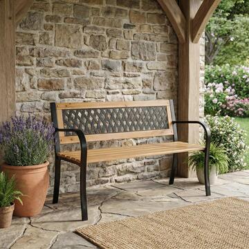 Panchina Nice 120x53 h 77 cm - con Schianale con Motivo Geometrico e Doghe in Legno - per Giardino, Cortile, Terrazza, Veranda, Patio