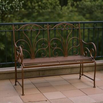 Panchina Romancy in Ferro Verniciato Marrone Bronzato - 111x57 h97 cm - Shabby Chic -  per Veranda, Terrazza, Balcone, Giardino