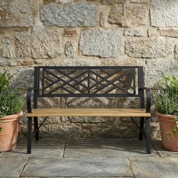 Panchina Geomy 120x56 h 87 cm - con Schianale con Motivo Geometrico e Doghe in Legno - per Giardino, Cortile, Terrazza, Veranda, Patio