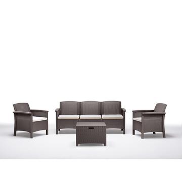 Set da Esterno Venezia Tortora Divanetto 3 Posti + 2 Poltrone + Tavolino Porta Cuscini in Polipropilene effetto Rattan Waterproof + 5 Cuscini Inclusi