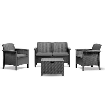 Set da Esterno Venezia Divanetto 2 Posti + 2 Poltrone + Tavolino Contenitore in Polipropilene Effetto Rattan Waterproof Grafite Marino Fa Mercato